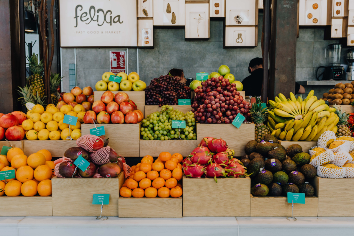 Fruit market stand at San Miguel Market in Madrid.