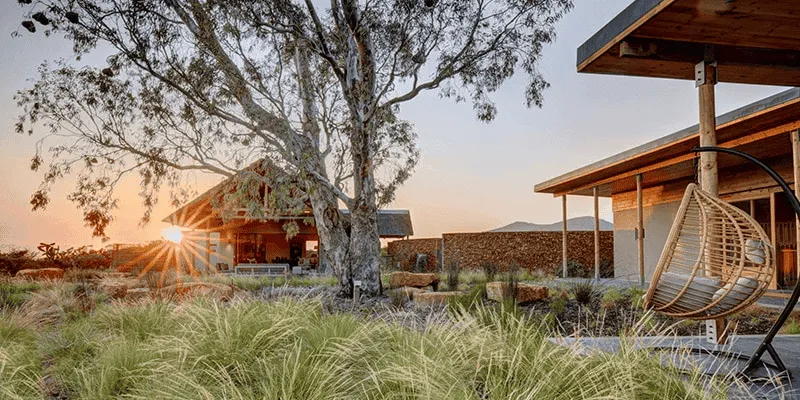 Sunset view of Garden Route Game Lodge featuring a hanging rattan chair, eco-luxury architecture, native grasses, and tranquil safari surroundings in South Africa.