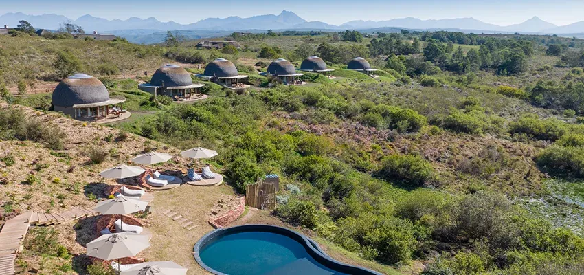 Kwena Lodge domes and pool in Gondwana fynbos reserve.