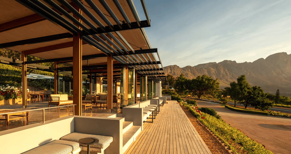 Sunset view from the Haute Cabrière wine estate terrace in Franschhoek.