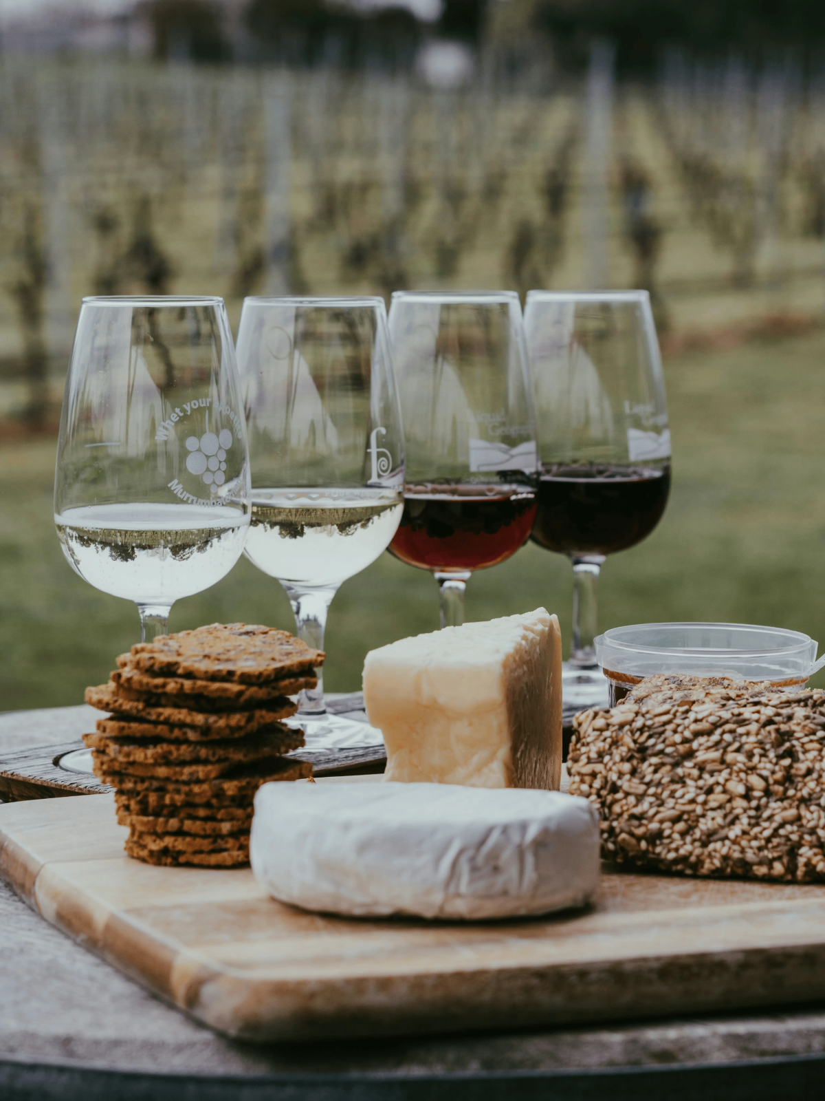 Artisanal cheese board with crackers and assorted cheeses alongside four glasses of wine.