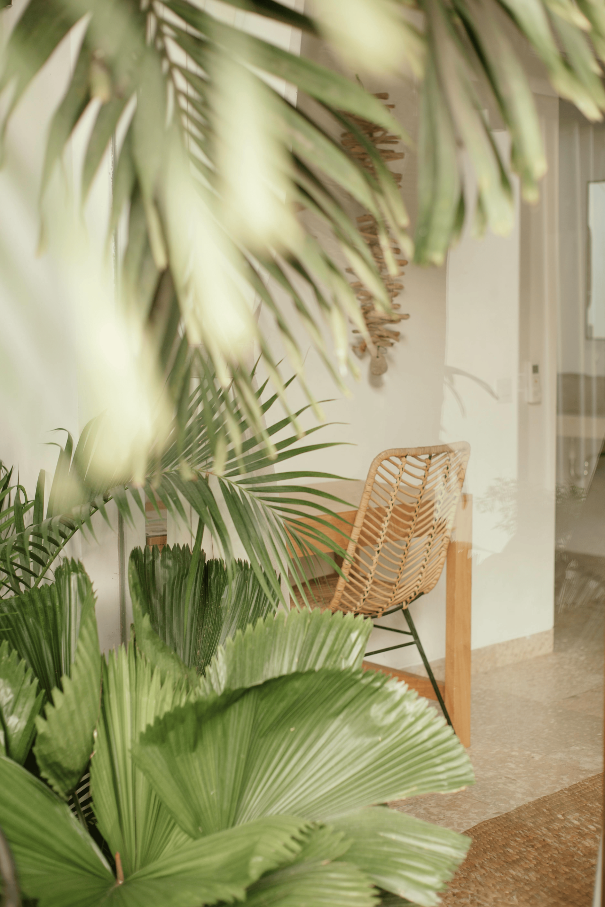 Tropical veranda glimpsed featuring wicker chair and neutral walls.