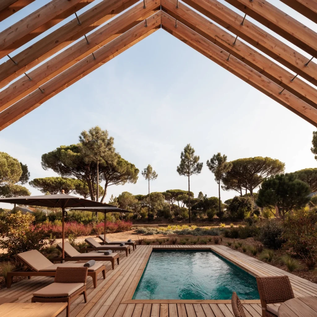 Sublime Comporta pool deck with loungers surrounded by pine forest and natural landscaping