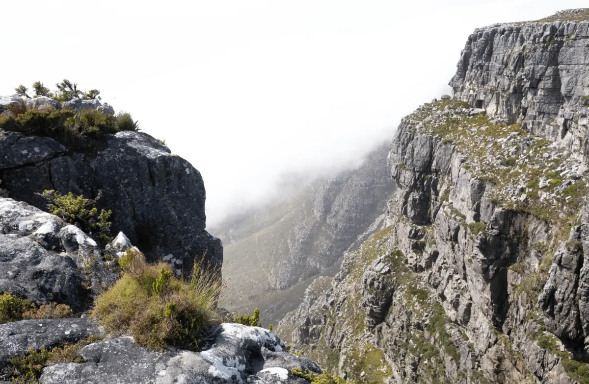 Mist pours into Platteklip Gorge between jagged sandstone walls on Table Mountain’s summit plateau.