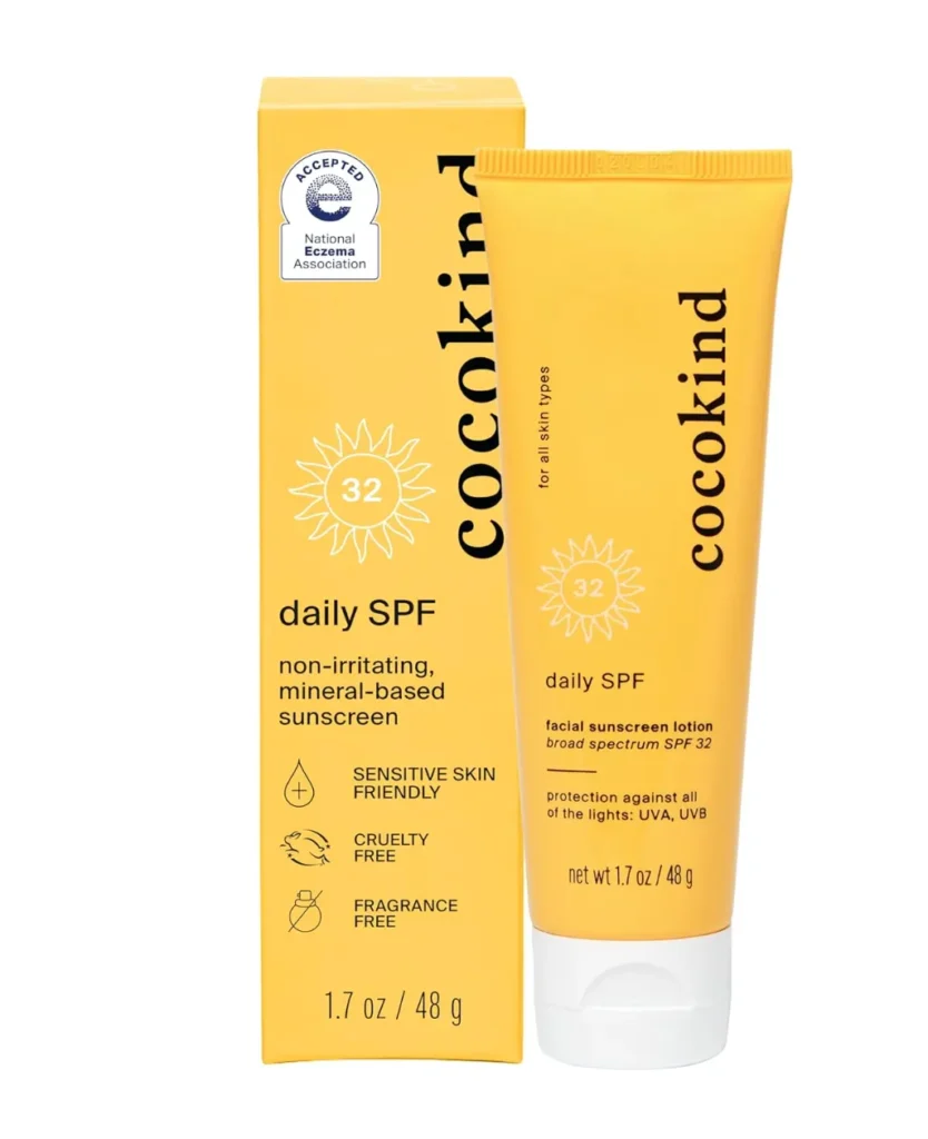 Cocokind Daily SPF 32 mineral sunscreen tube, formulated for sensitive, fragrance-free protection.