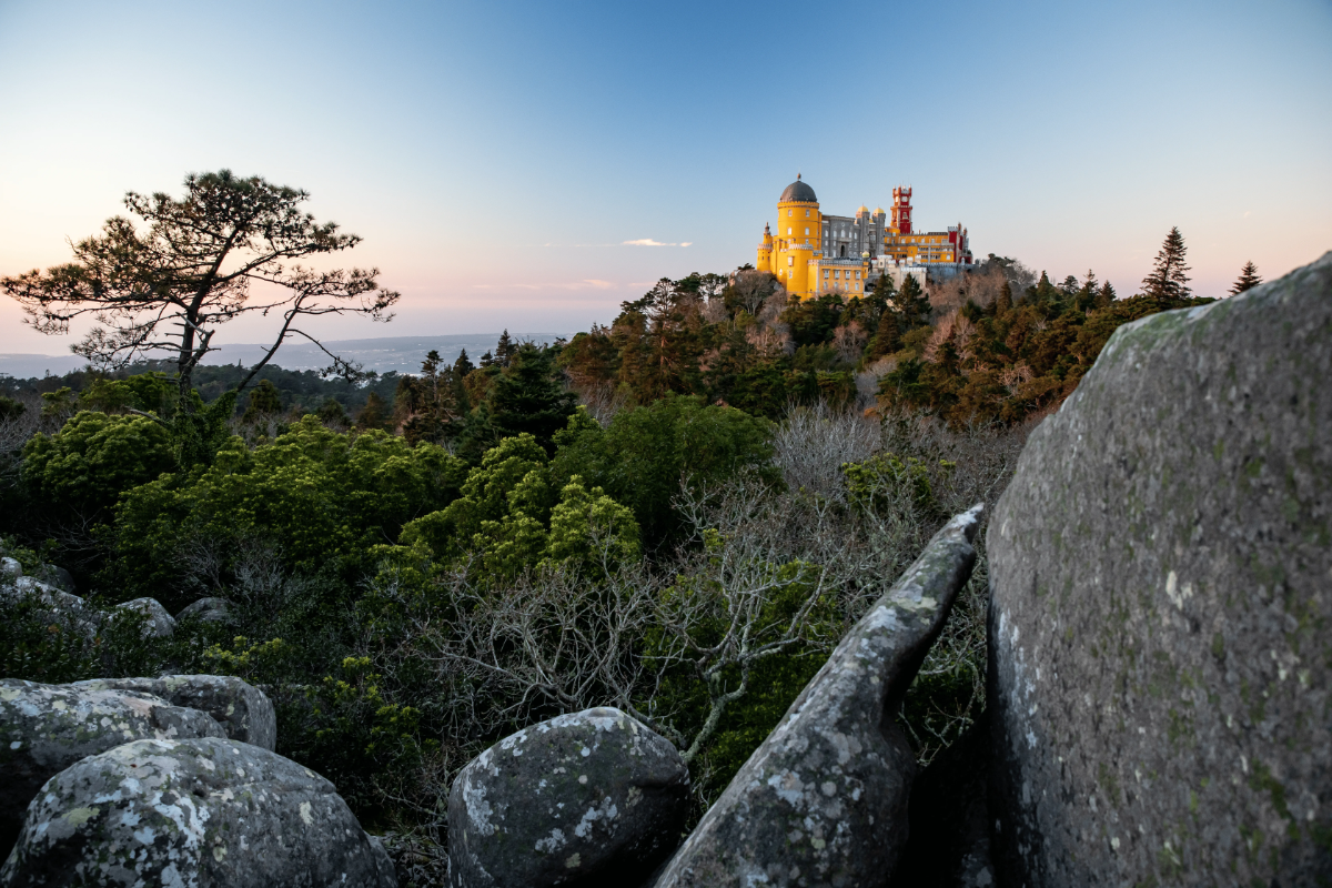 Pena Palace’s vibrant yellow and red silhouette rising above misty Sintra forest at sunset.