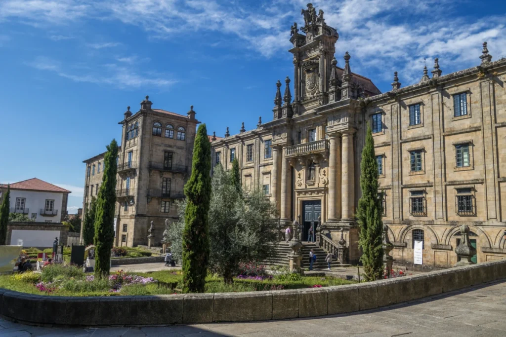 Santiago de Compostela cathedral façade with baroque details and plaza gardens