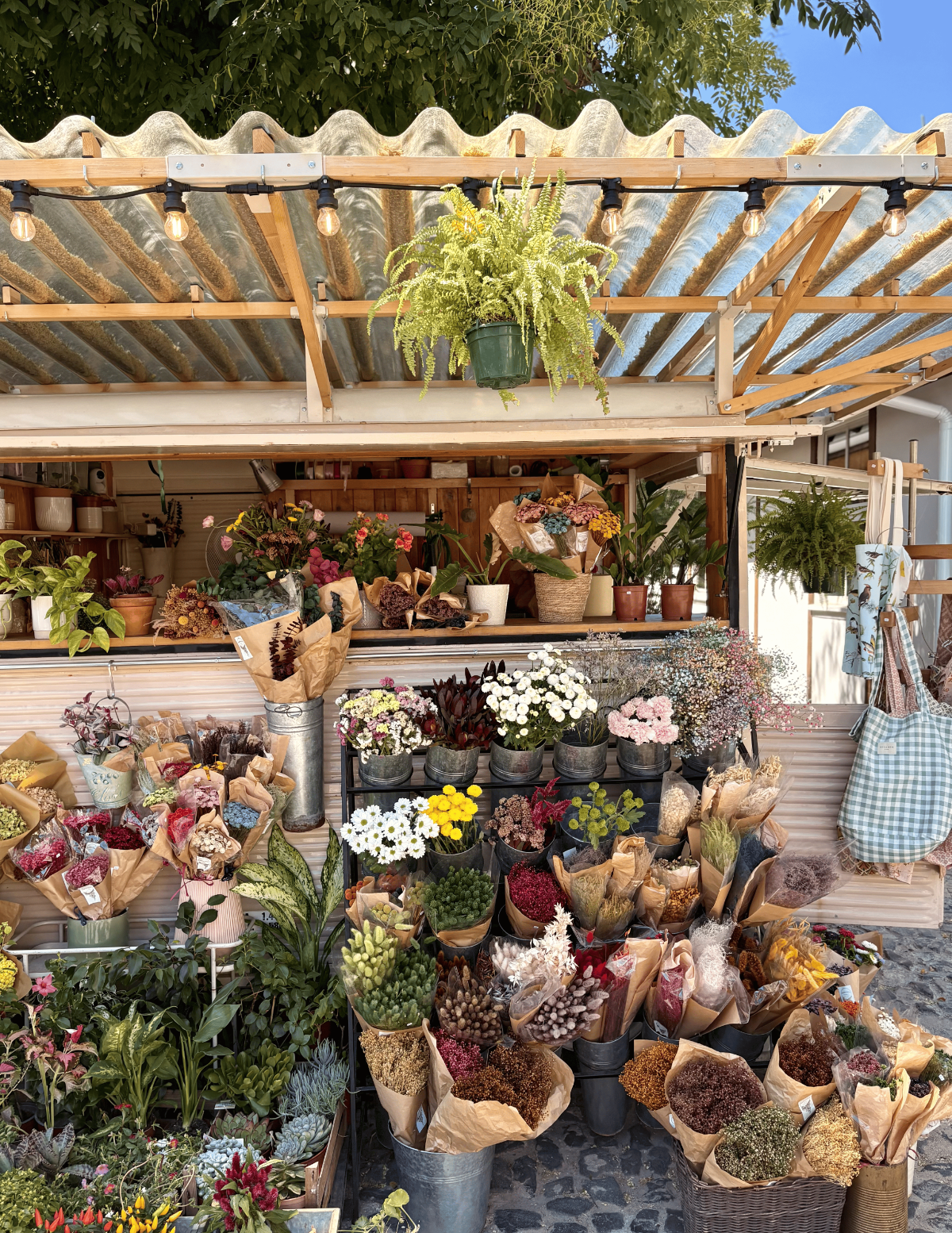 Colorful flower market stall at Lisbon’s LX Factory creative hub, packed with fresh blooms, dried bouquets and potted plants beneath a corrugated roof.