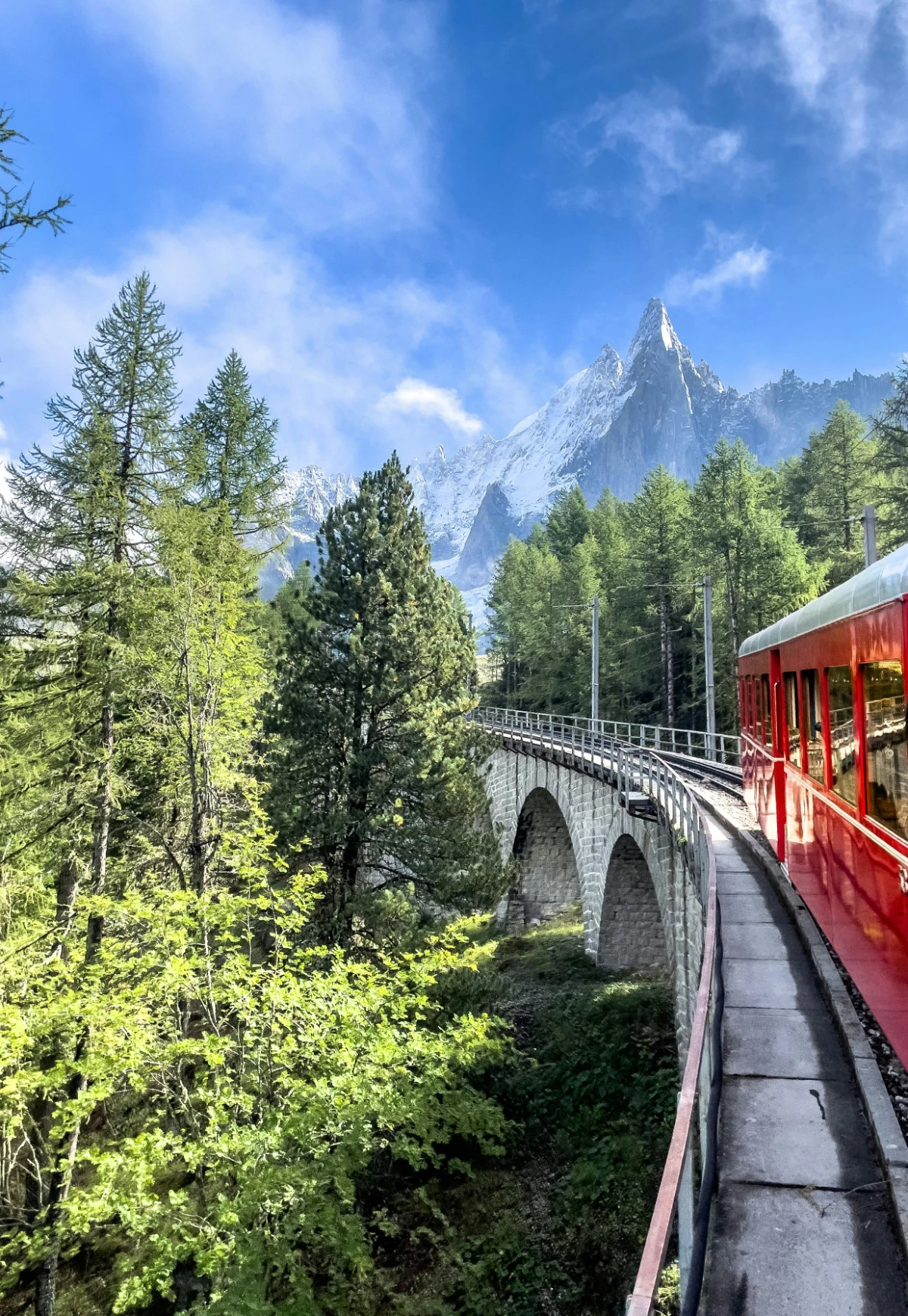 Red Glacier Express train winding through alpine valley with snow-covered peaks and forested slopes in Switzerland.