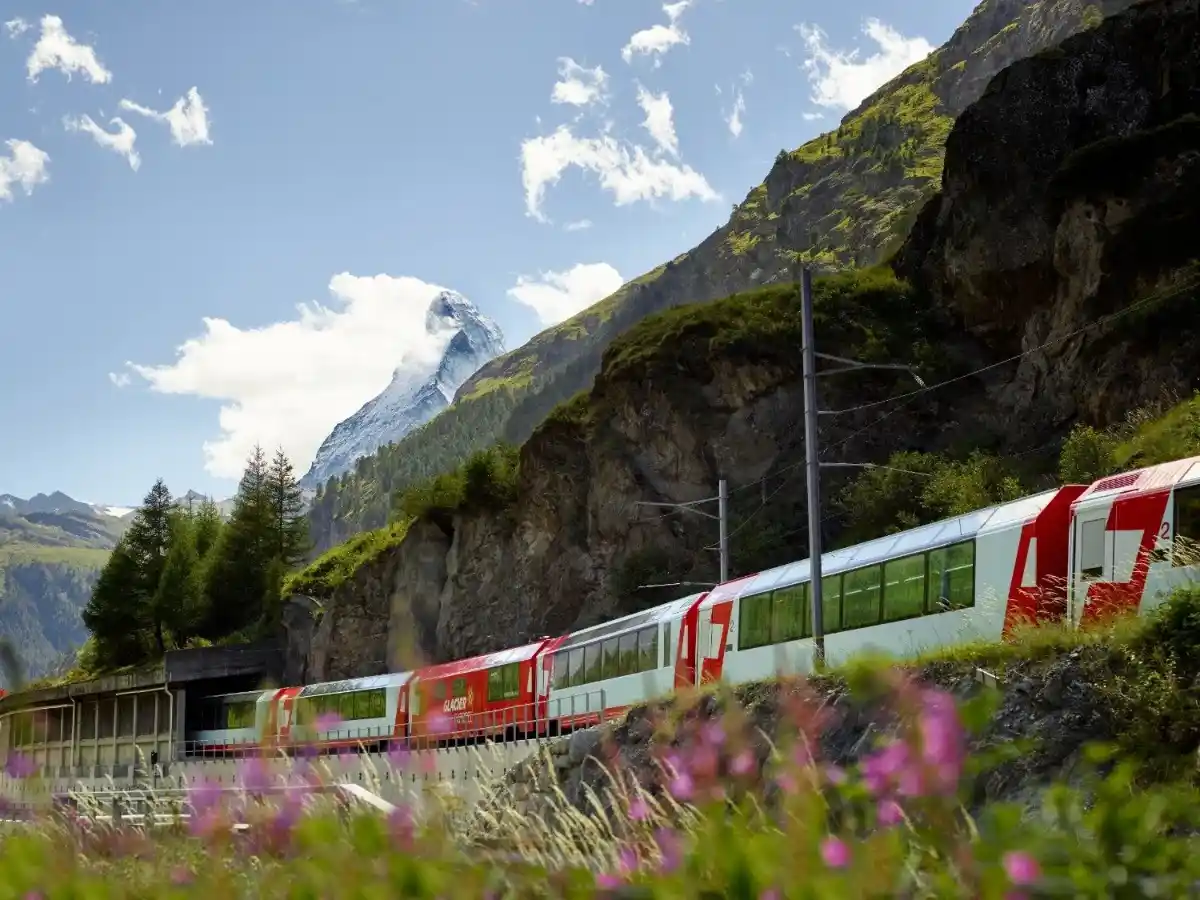Glacier Express emerging from tunnel beneath rocky cliff with wildflowers in front and the Matterhorn peak behind.