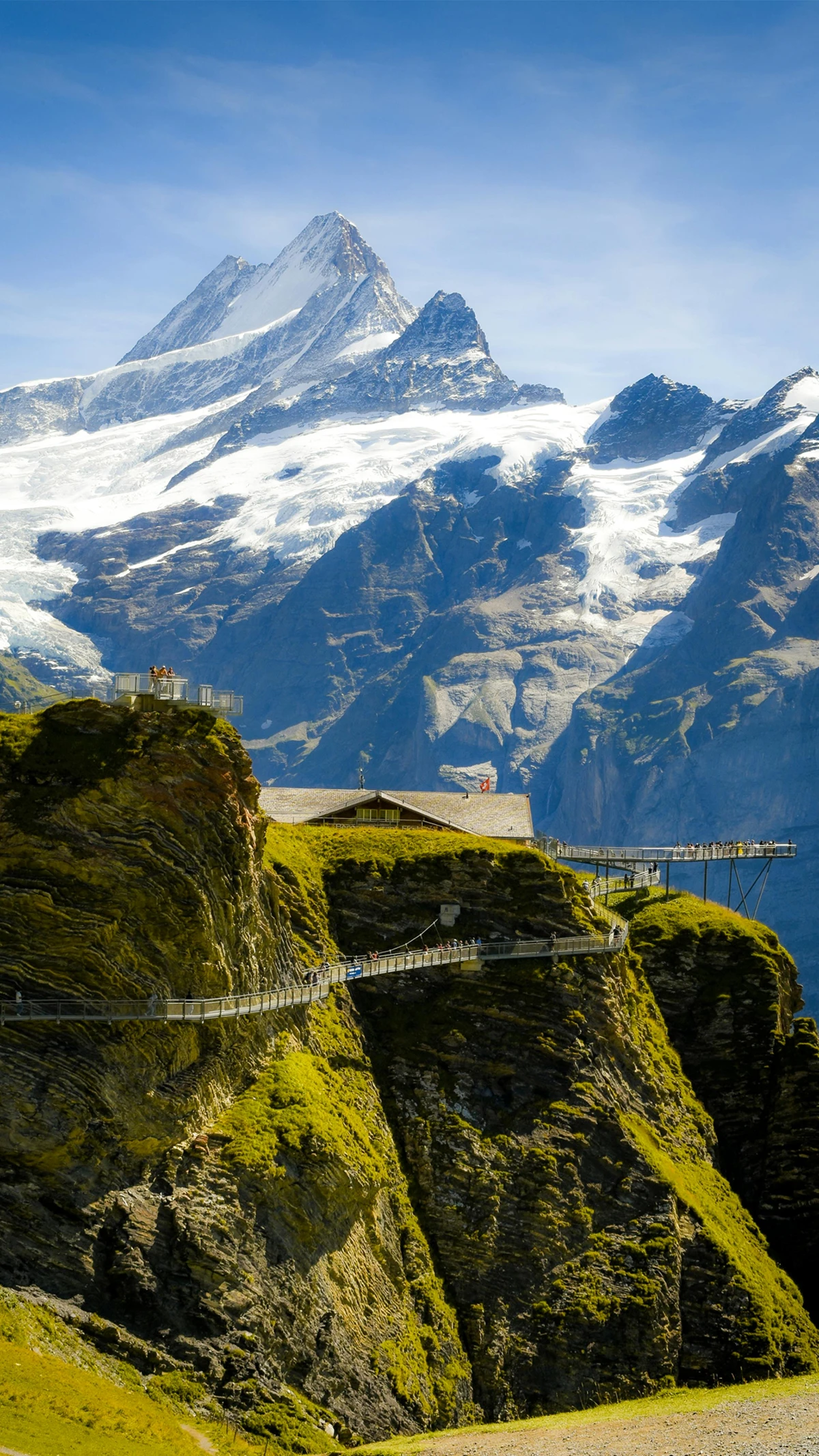 Scenic cliffside walkway with viewing platform overlooking dramatic Swiss Alps and snow-capped mountain peaks.