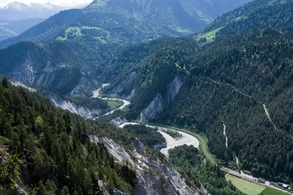 Aerial view of the winding Rhine Gorge (Ruinaulta) river slicing through forested cliffs in the Swiss Alps.