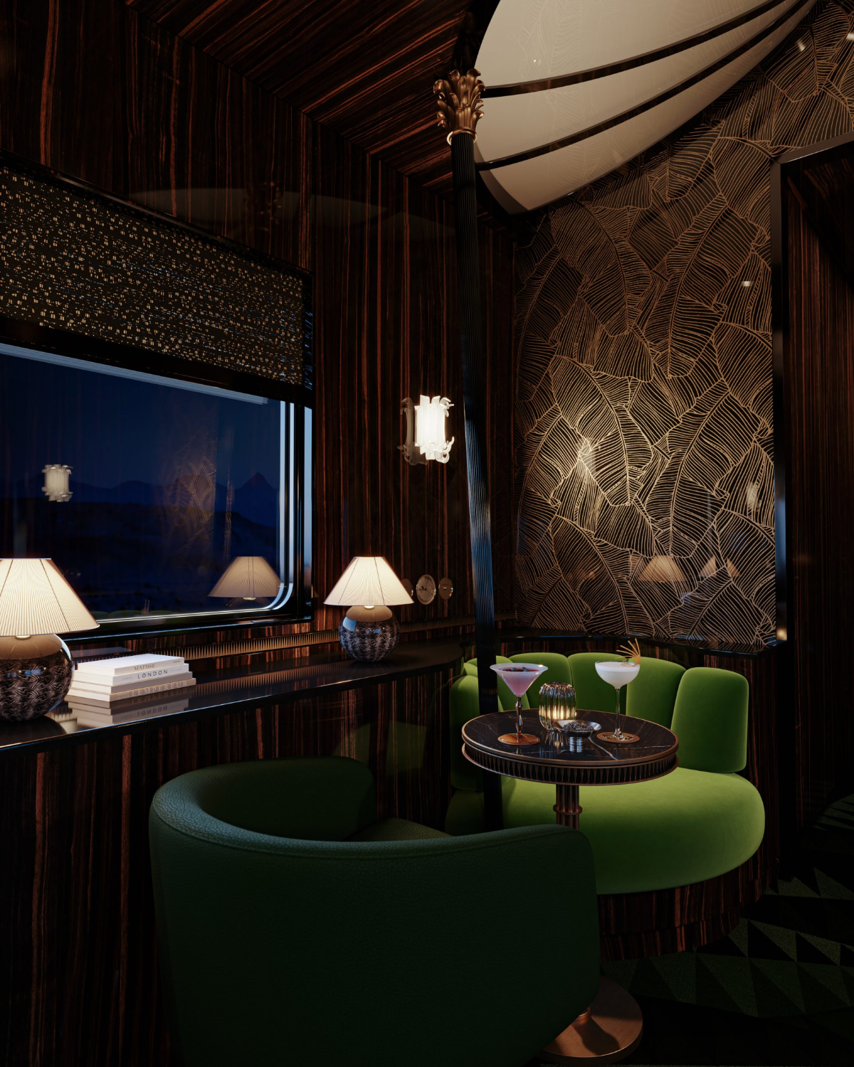 Art-deco Orient Express bar car with emerald armchairs, marble cocktail table and soft lamp-light against nighttime mountains.