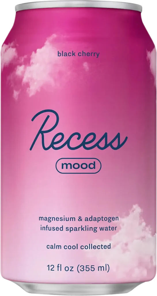 Recess Mood sparkling water can in pink cloud design, black cherry flavor, magnesium & adaptogen infused, 12 fl oz.