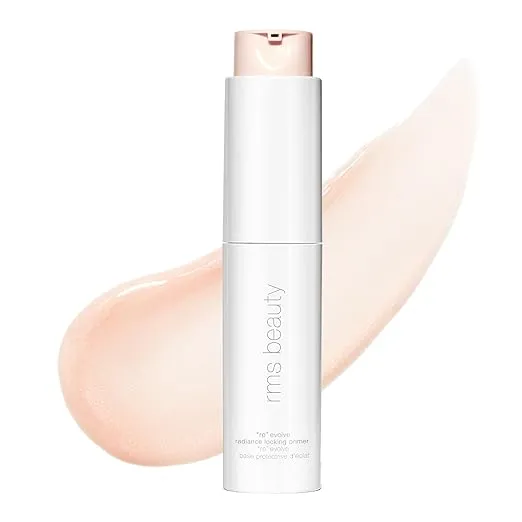 RMS Beauty “Re” Evolve Radiance Locking Primer, slim white cylinder pump displayed beside a peachy primer swatch.