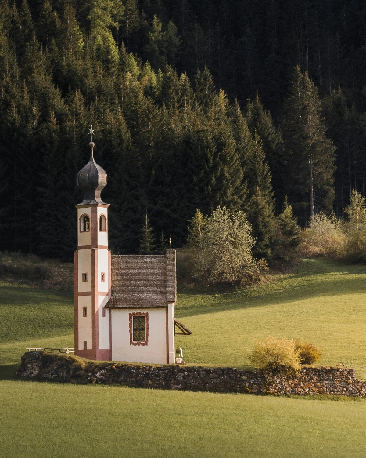 Small alpine chapel in a meadow with forest backdrop in the Dolomites region.