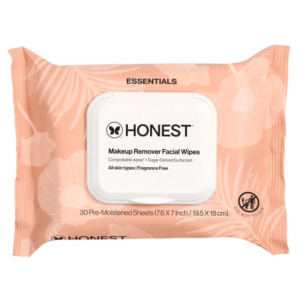 Honest Beauty makeup remover facial wipes in peach floral packaging on white background
