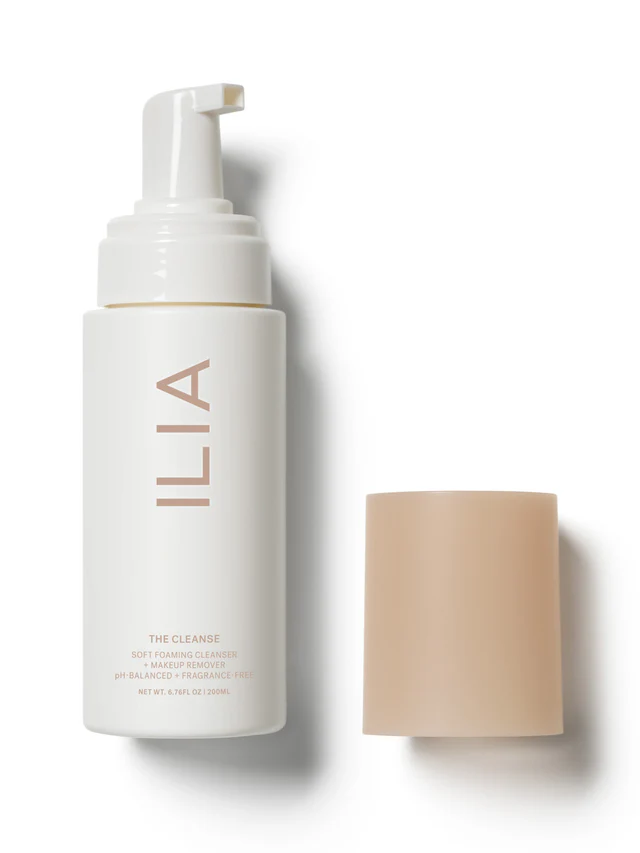 ILIA The Cleanse soft foaming cleanser and makeup remover in minimalist white bottle