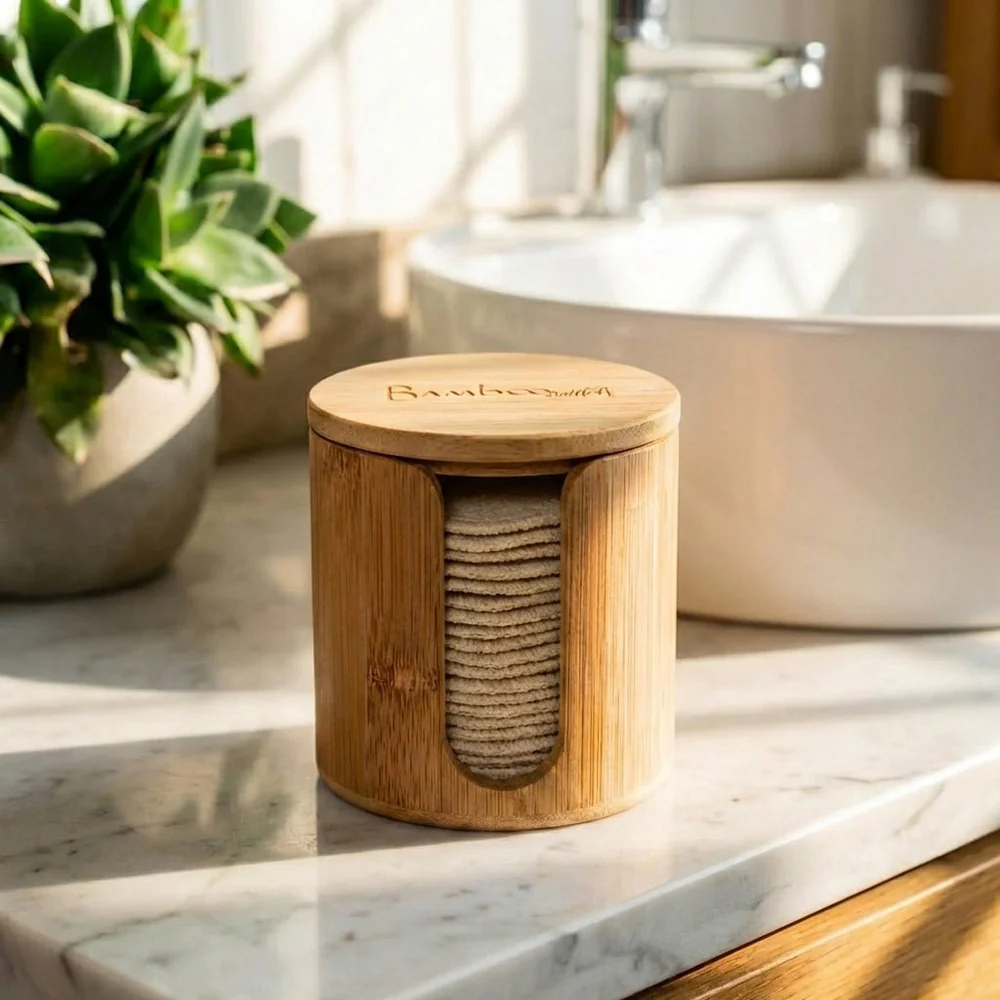 Bamboo Switch reusable rounds stored in an engraved bamboo canister on a sunlit marble vanity.