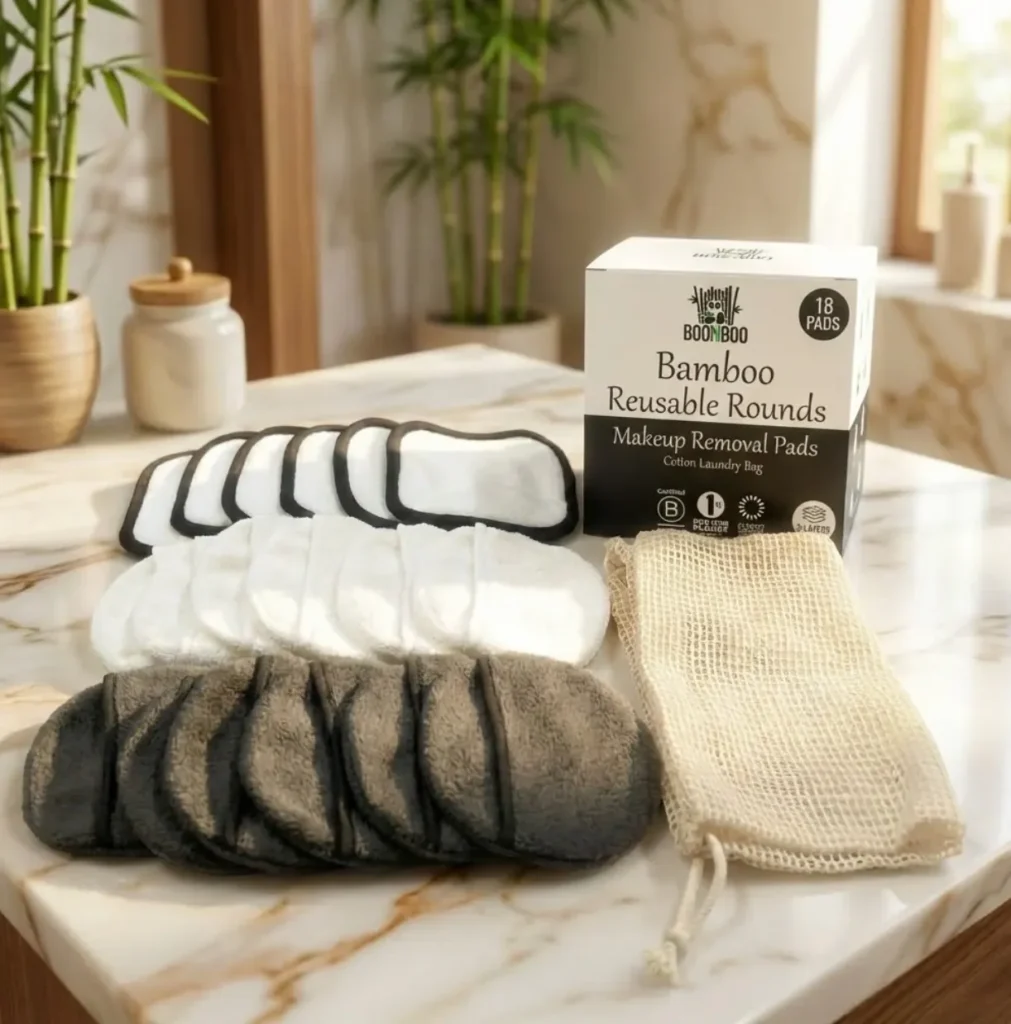 BoonBoo Bamboo Reusable Rounds in white and charcoal displayed with a mesh bag and product box.