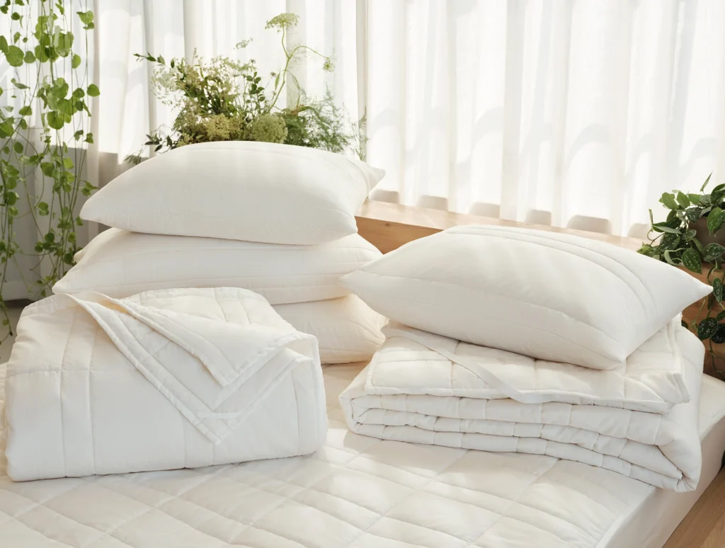 Coyuchi quilts and pillows are stacked on a sunlit bed, framed by trailing houseplants and wildflowers.