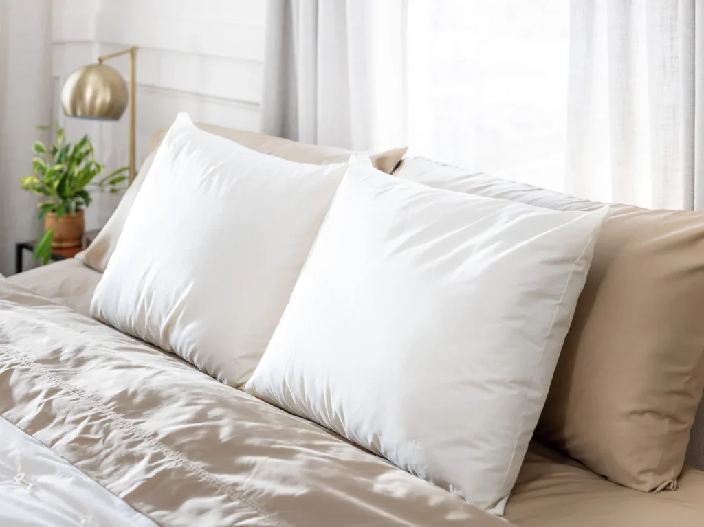 Two Frankenmuth Woolen Mill pillows are layered against tan and white bedding beside a gold orb lamp.