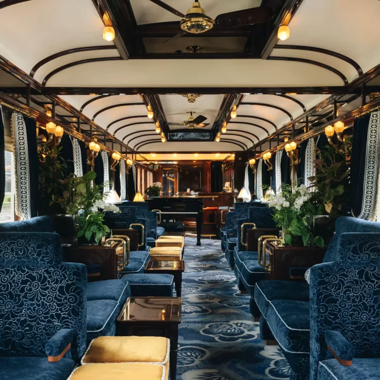 The bar car lounge with blue velvet armchairs, a grand piano, and orchids beneath glowing sconces.