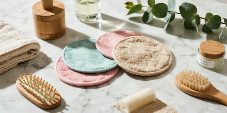 Three reusable facial rounds in rose, sage, and natural terry arranged on marble with wooden brushes.