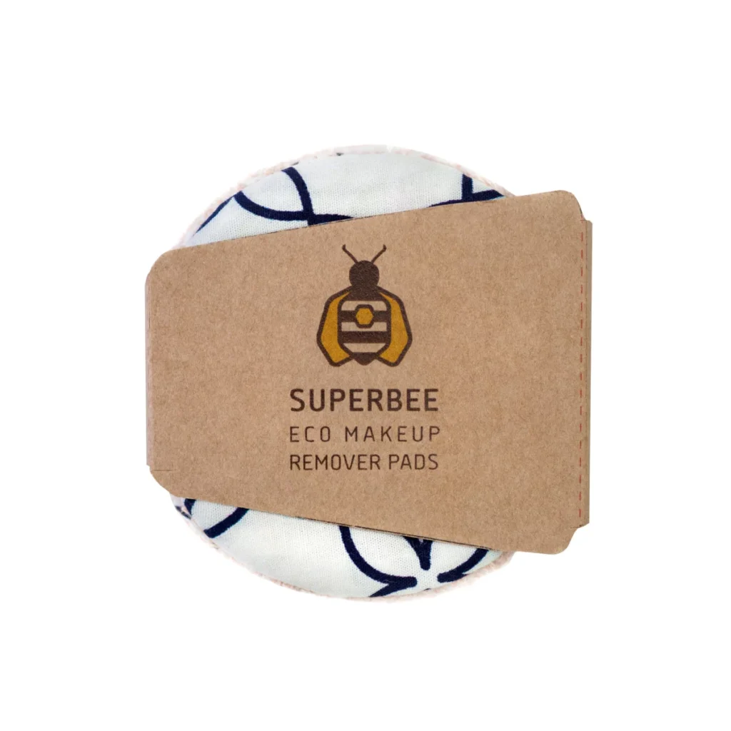 Superbee Eco Makeup Remover Pads in a geometric printed fabric secured with a kraft cardboard sleeve.