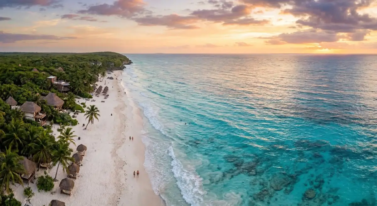 Aerial view of Tulum beach with white sand, turquoise water, and beachfront cabanas along the shore.