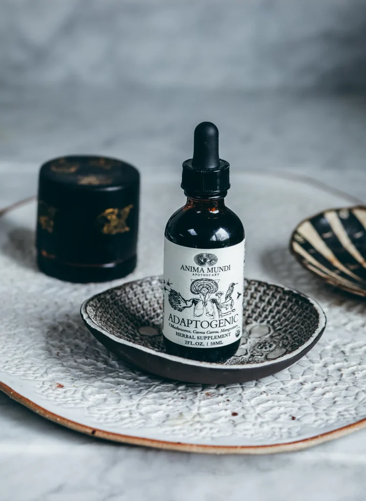 Anima Mundi Adaptogenic mushroom tincture on a handmade ceramic dish, a botanical base for adaptogen drinks.