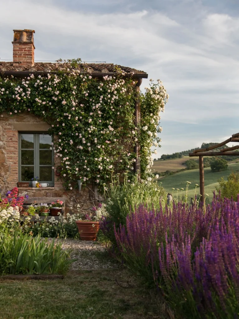 Climbing roses cover a stone cottage at Follonico above a garden of purple salvia, with rolling green hills beyond.