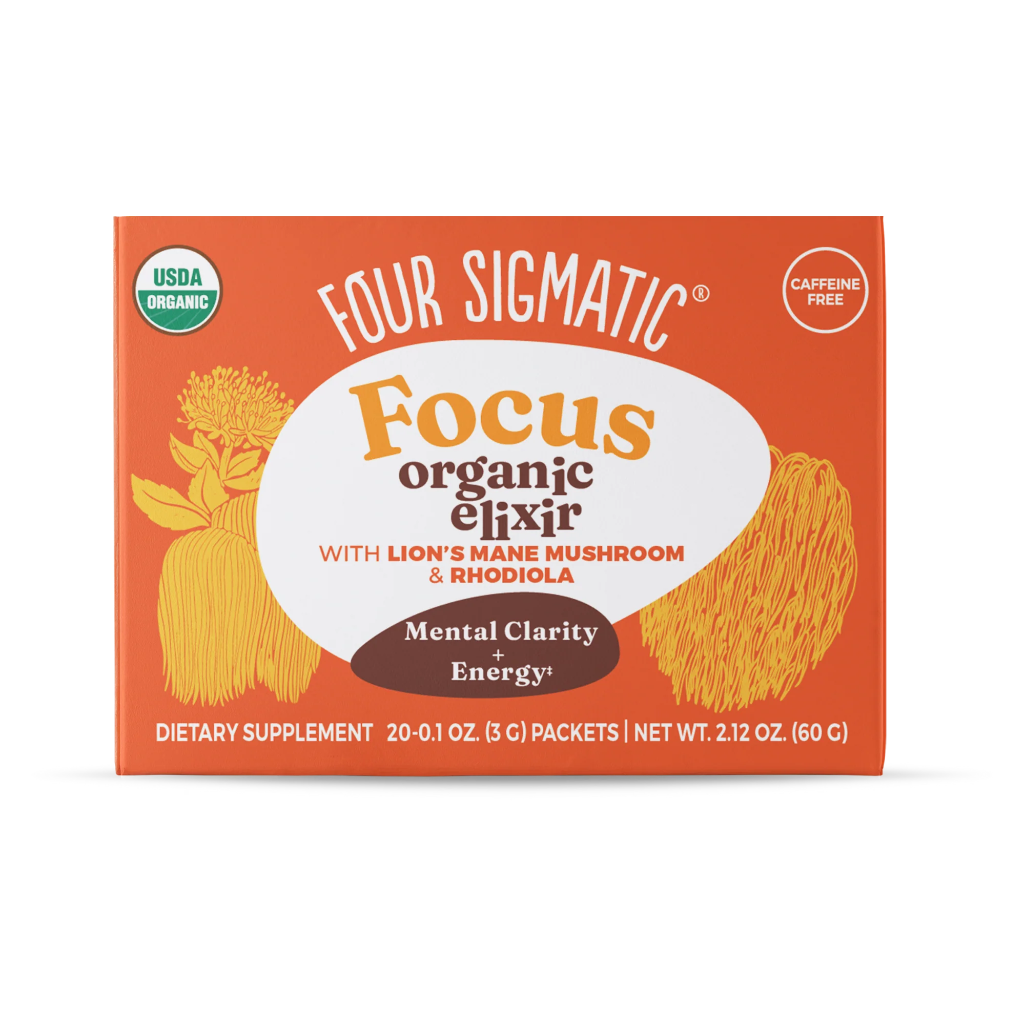 Four Sigmatic Focus organic elixir with lion's mane mushroom and rhodiola, a caffeine-free box of 20 packets.