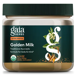 Gaia Herbs Golden Milk, a traditional Ayurvedic turmeric blend in a 4.3-ounce jar of organic herbal powder.