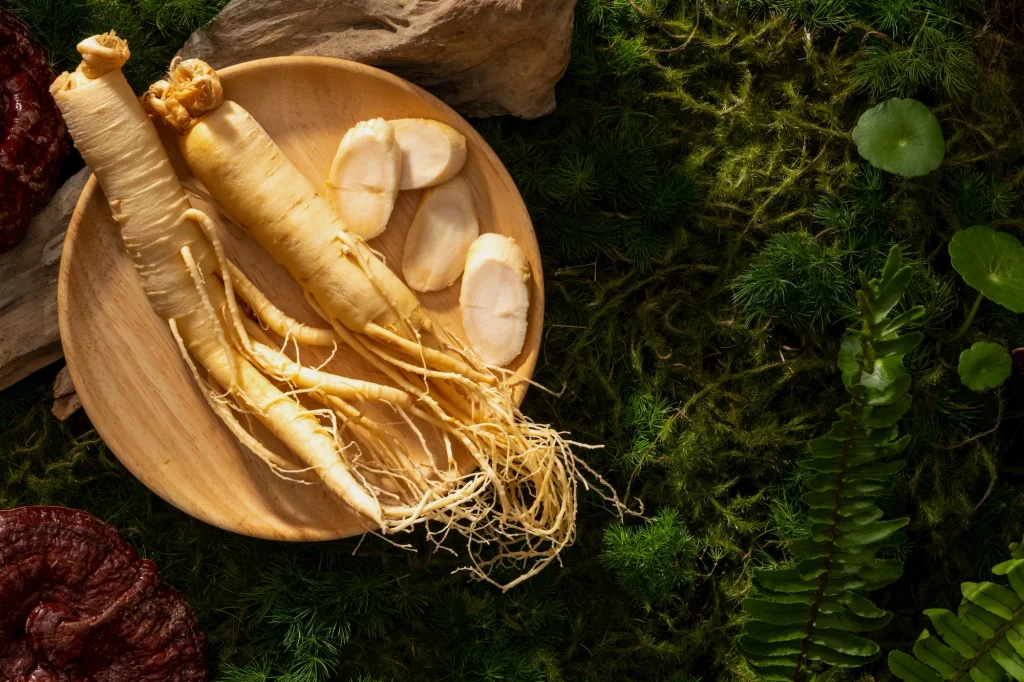 Whole and sliced ginseng roots on a wooden plate, set on moss beside reishi mushrooms and fern fronds.