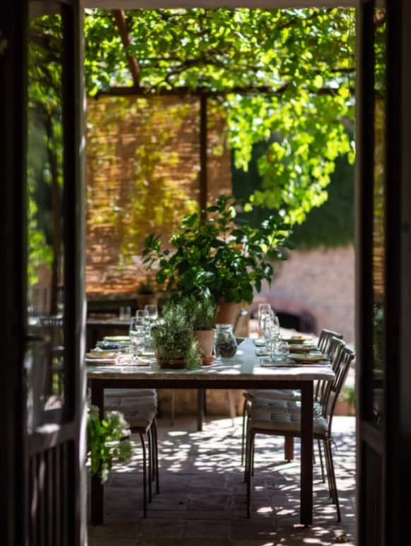 A dining table beneath a vine-covered pergola at La Pescaia, set with potted herbs and glassware in dappled light.