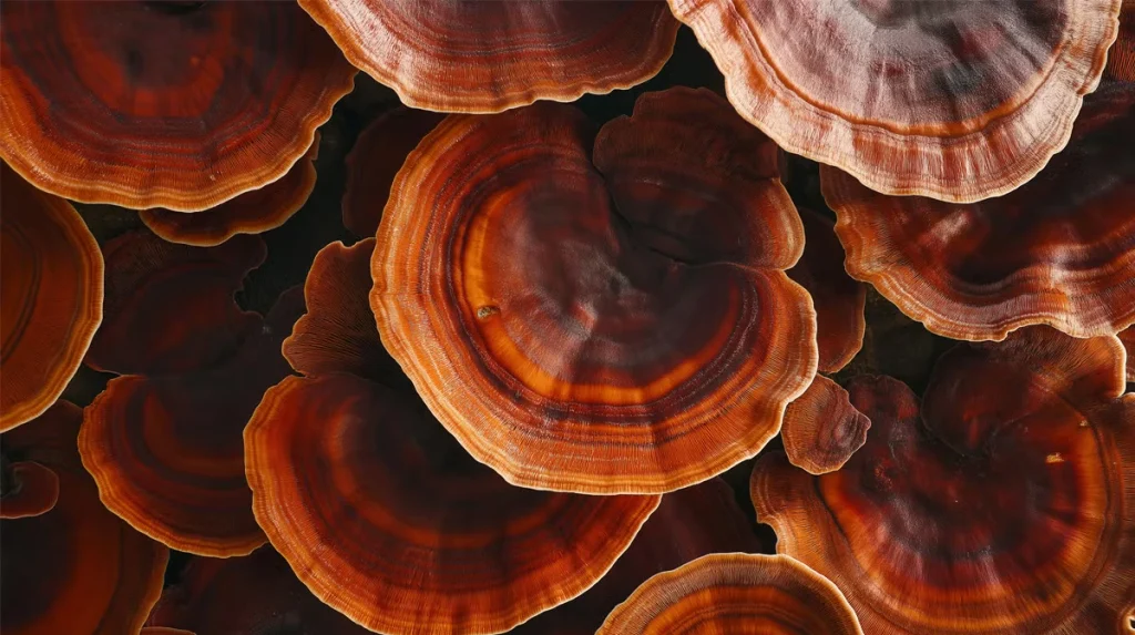 Overlapping reishi mushroom caps in deep russet, their lacquered surfaces traced with concentric growth rings.